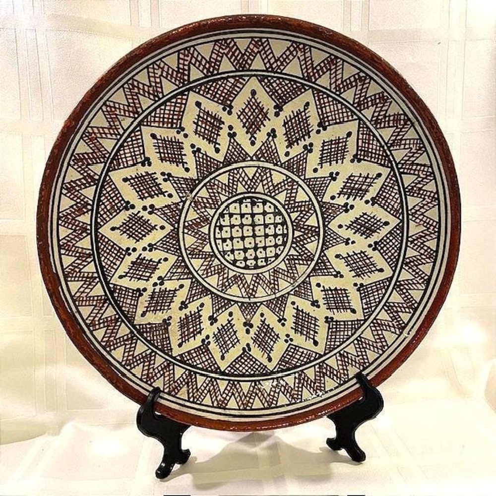 Moroccan Safi Pottery Hand Painted Terracotta Charger Plate Geometric Berber Art